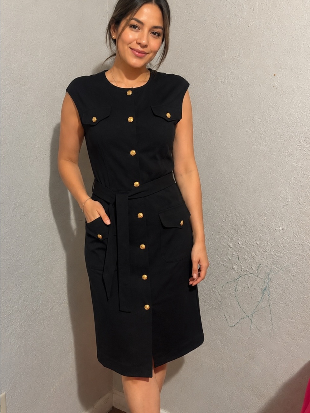 Kasper Black Sleeveless Midi Dress with Gold Buttons